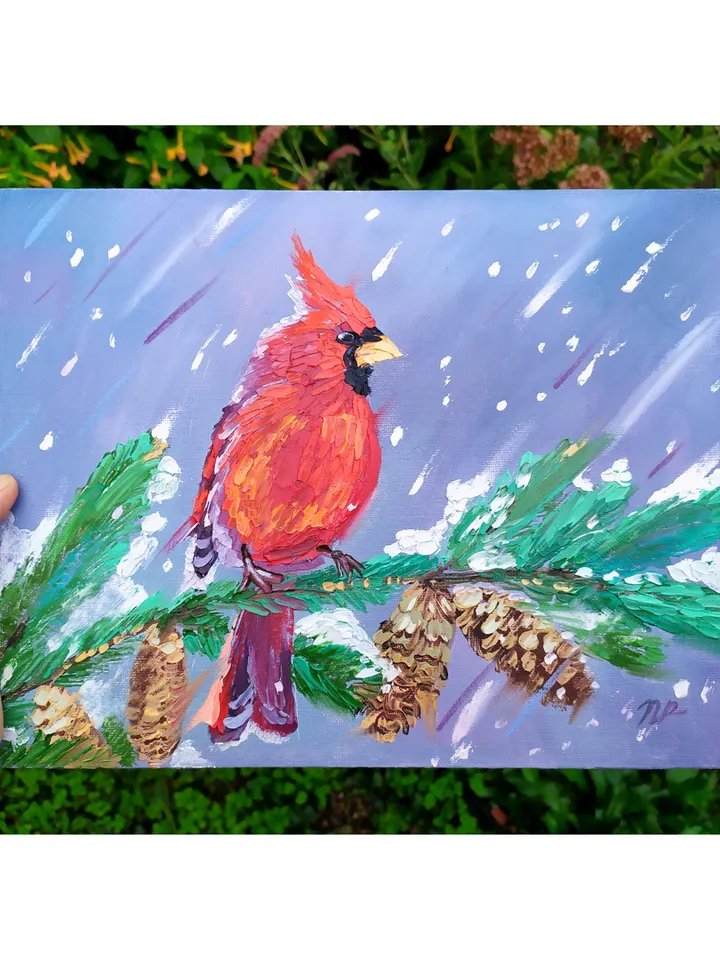 Cardinal painting Bird Original Art 9 by 12 Nothern Cardinal Artwork Virginia bird fine art oil painting by Plotnikova
