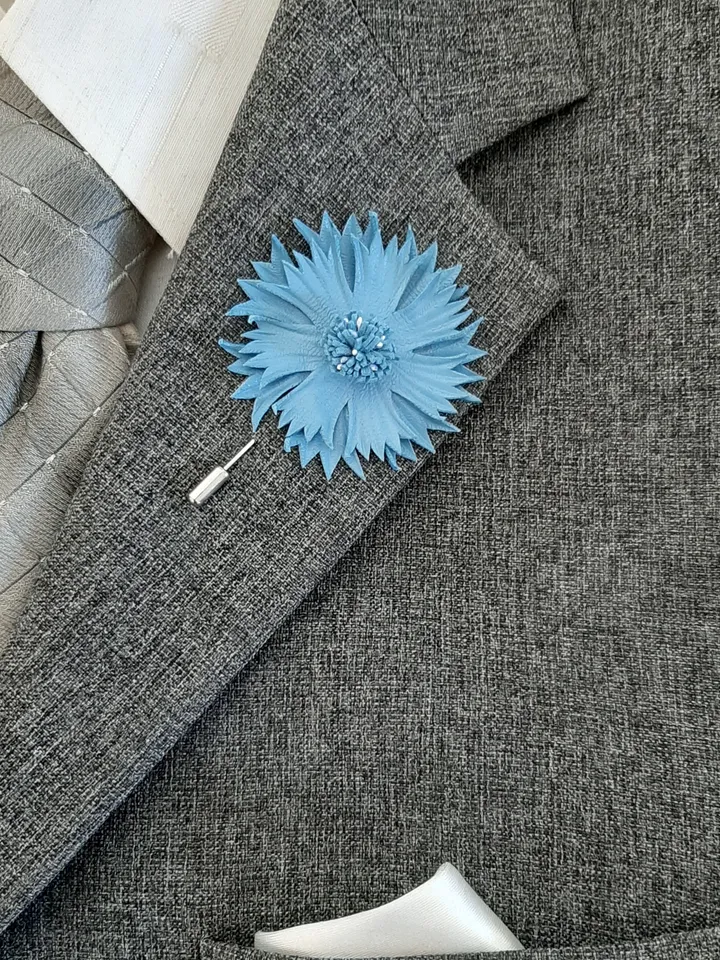 Blue cornflower men's lapel pin Leather boutonniere for him 3rd anniversary gift