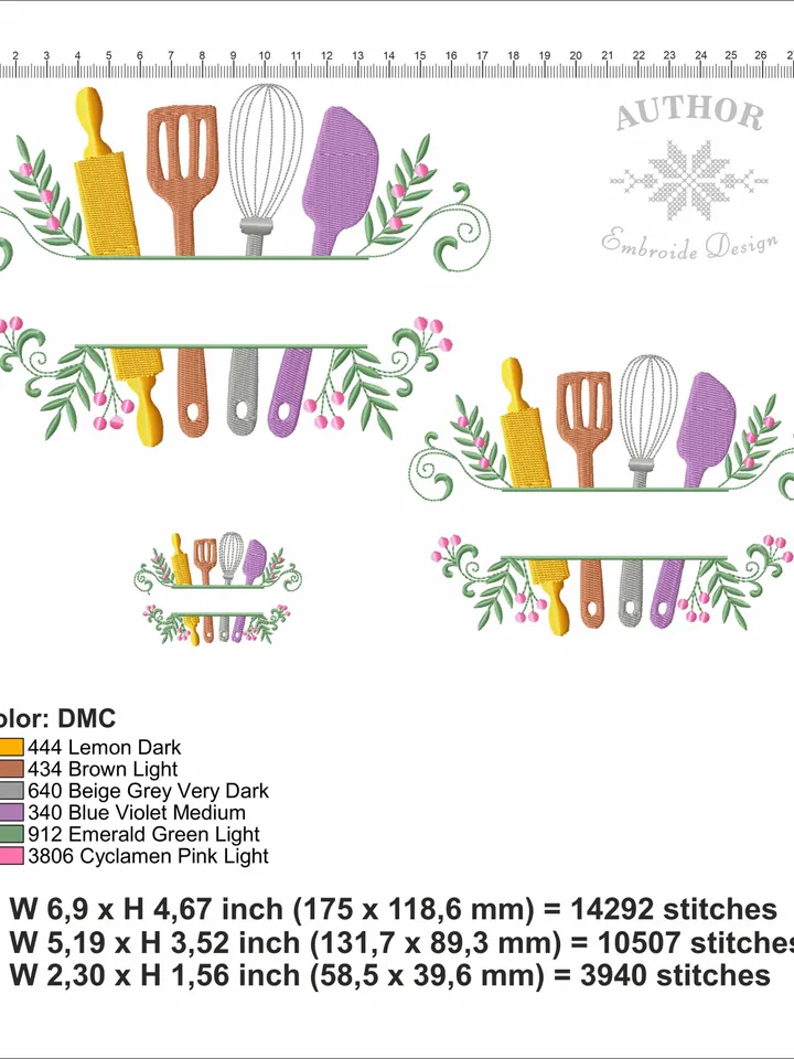 Kitchen utensils split frame machine embroidery design 3 sizes, Baking tools embroidery pattern, Cooking embroidery files, Apron design #R33