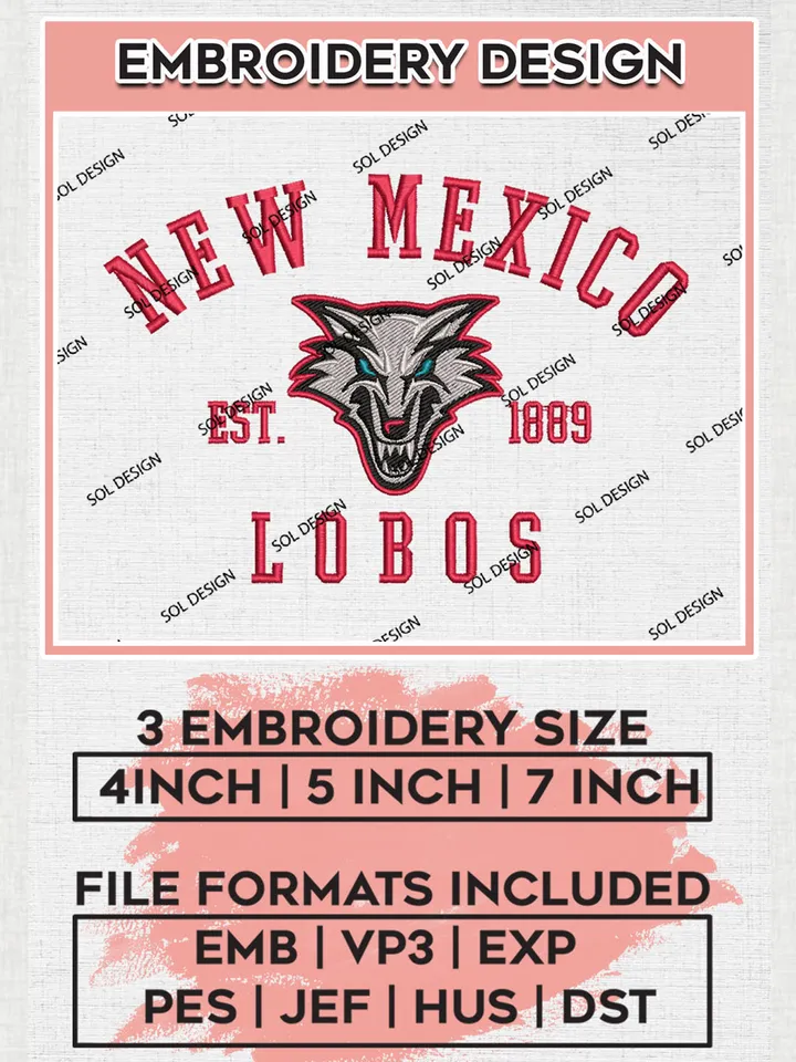 New Mexico Lobos Est 1889 Logo Embroidery Designs, NCAA New Mexico Lobos Team Embroidery, NCAA Team Logo, 3 sizes, Machine embroidery Files, Digital Download