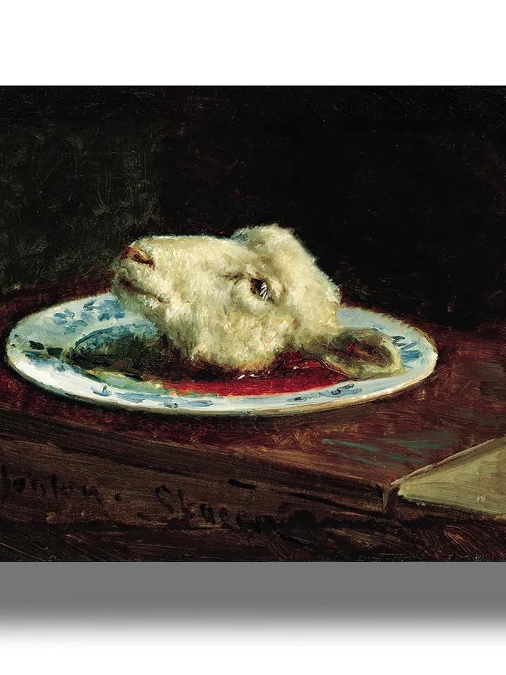 Bloody lamb's head on a platter. Blood Sacrifice artwork.