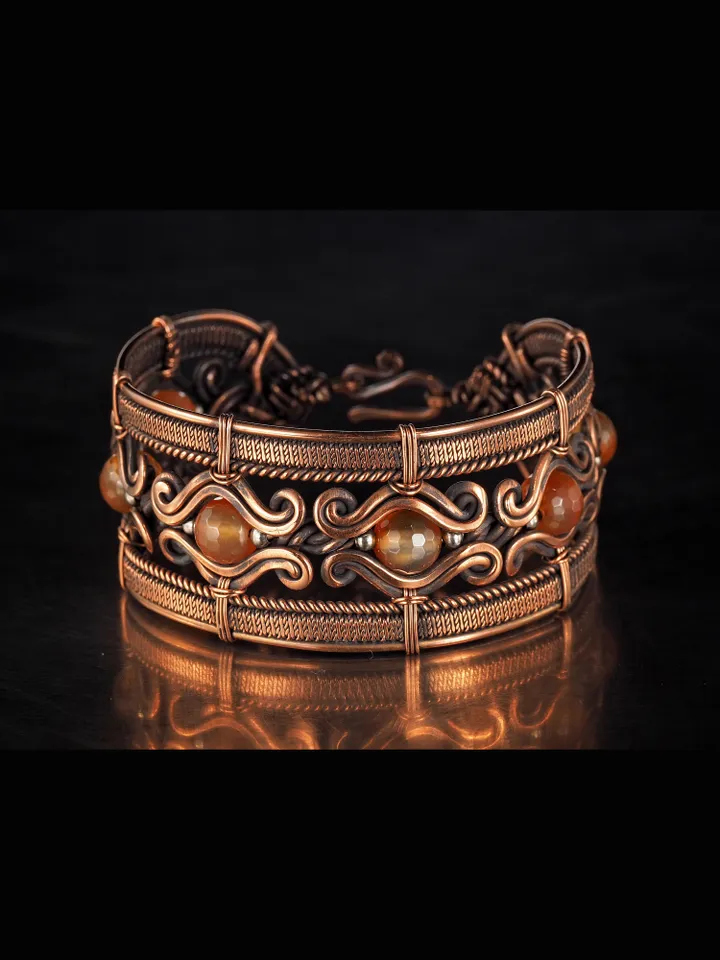 Cornelian wire wrapped copper bracelet 7th Anniversary gift