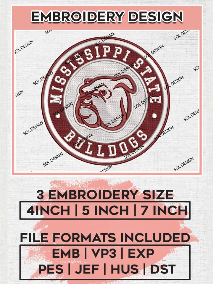 NCAA Mississippi State Bulldogs Round Logo Embroidery, NCAA Mississippi State Bulldogs Logo Embroidery files, NCAA Teams, Machine embroidery designs, Digital Download