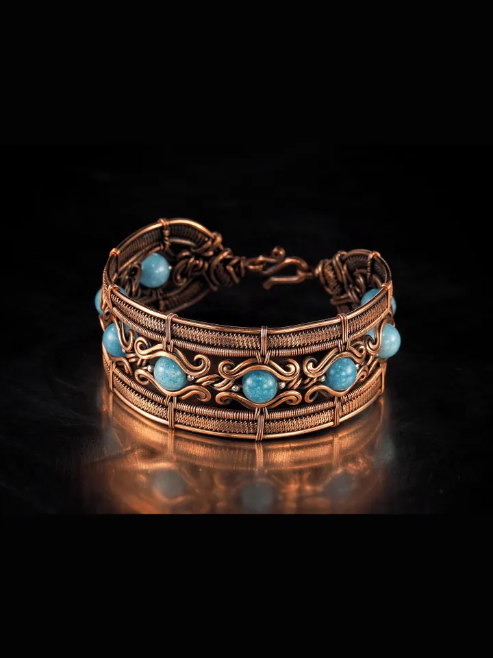 Copper wire wrapped aquamarine bracelet Unique bangle 7th Wedding Anniversary