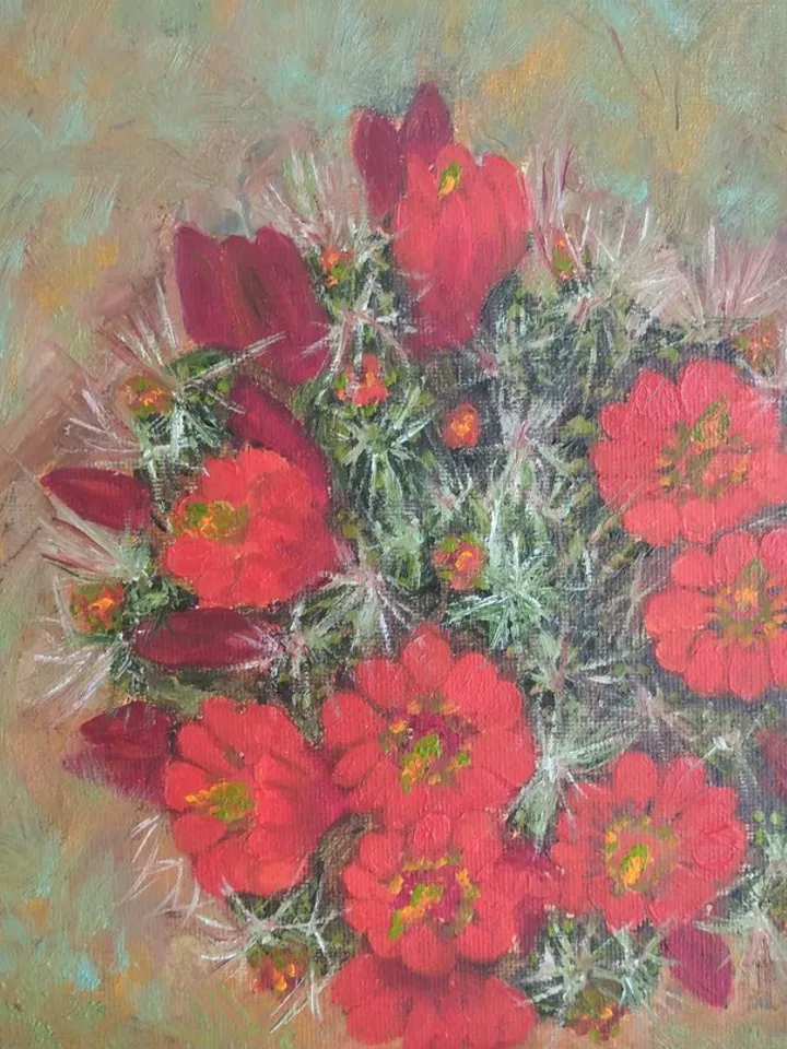 Oil painting of blooming cactus covered with thorns, original painting with red flowers, canvas 8x8 inches