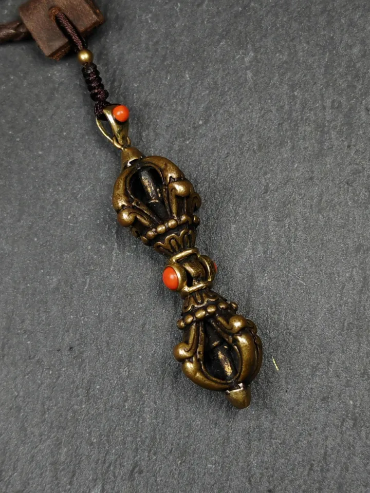 Tibetan Vajra Dorje Amulet - Antique Brass Buddha Protective Charm Inlaid with Agate | 2.0 Inches | Spiritual Gift from Tibet