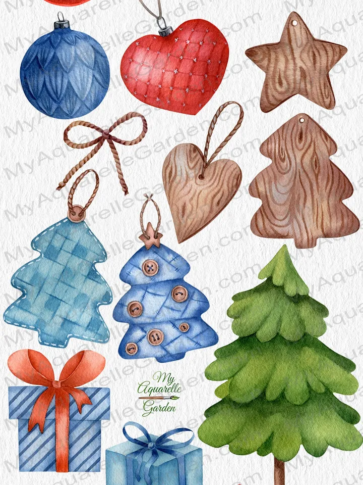 Christmas tree toys Winter New Year decor Watercolor hand-painted images DIY invitations cards stickers Scrapbooking Gift wrap Printable PNG