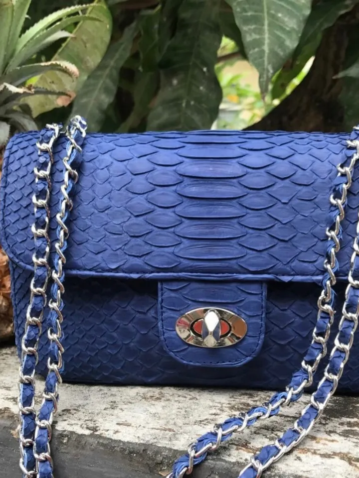 Blue Genuine Python Skin Crossbody Chain Bag | Bright Summer Bag | Elegant Women Bag | Chain Strap Crossbody Deep blue classy Purse