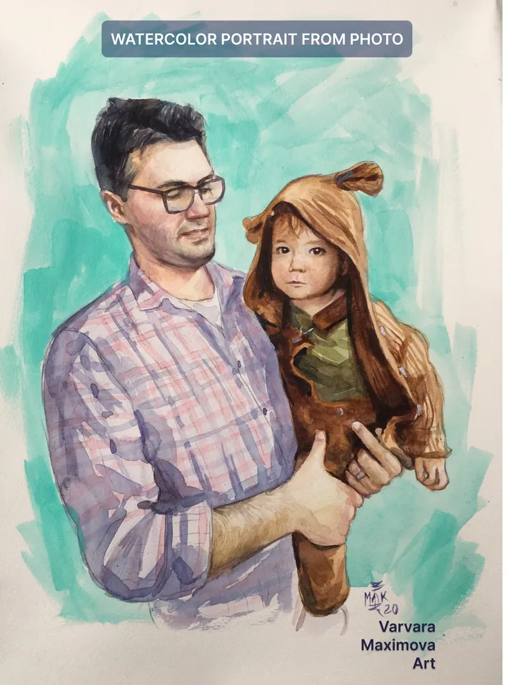 Watercolor portrait from photo With pet