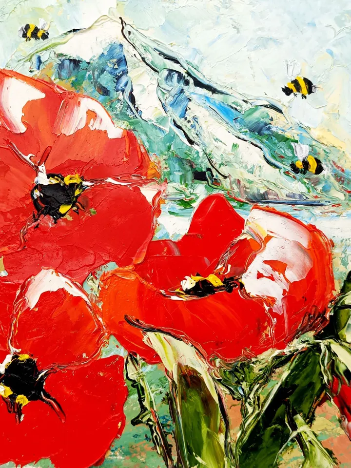 Poppy Painting Honeybee Original Art Impasto Oil Painting Floral Wall Art 8x8 by ArtProkopaloSv