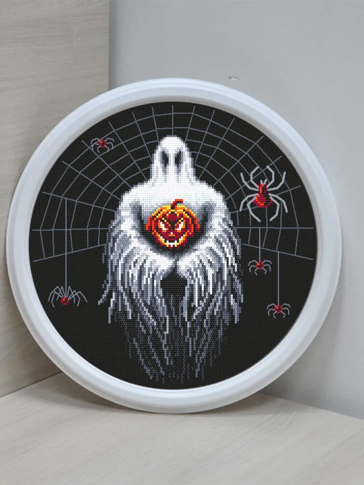 Gothic Halloween cross stitch pattern download PDF, Spooky ghost cross stitch chart, Halloween spider cross stitch, Scary halloween #H40
