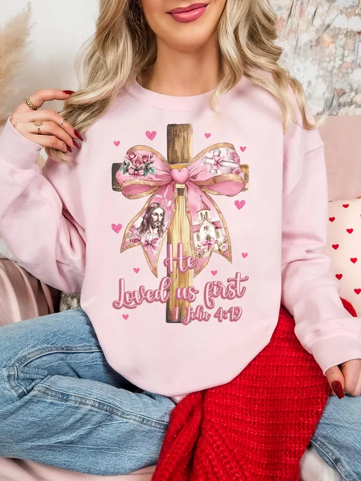 He Loved us first Png, Valentine Png, Valentine Bow Png, Christian Cross Png, Bible verse Png, Love like Jesus, Jesus Valentine png John 4
