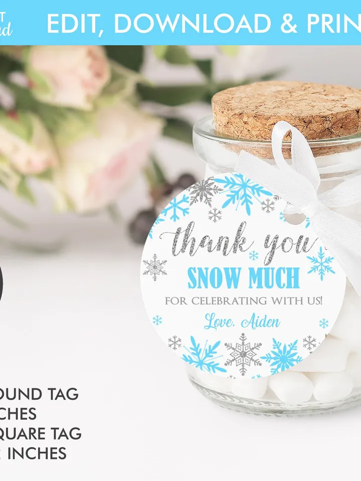 Winter Onederland Favor Tags, Thank You Tags, Snowflakes Gift Tags Winter Onederland Birthday Boy Decorations Blue Silver Editable Template