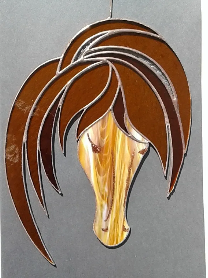 Head Horse Golden Amber Brown . Art stained glass window hanging Suncatcher