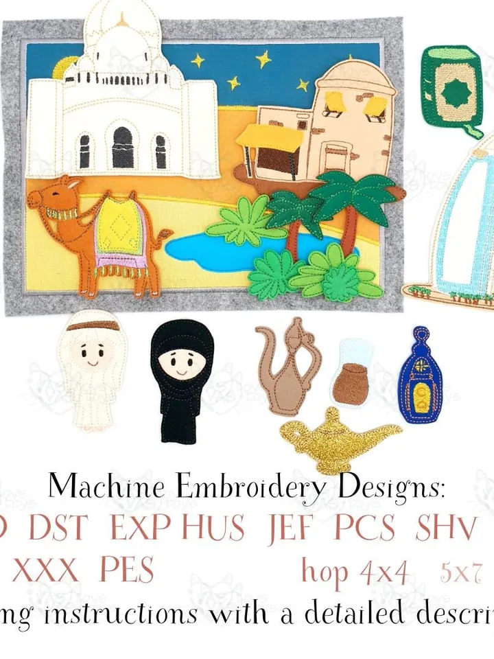 Arabian Nights ITH Play Set Embroidery Design, Desert Oasis Quiet Book Page, Camel Finger Puppets, Middle East Educational Toy