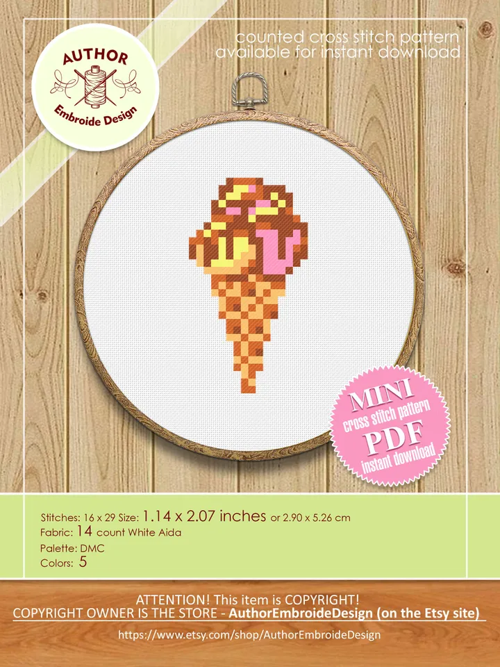 Ice cream small cross stitch pattern PDF Mini cross stitch chart, Minimalistic food cross stitch Instant download PDF, Kitchen decor #F9