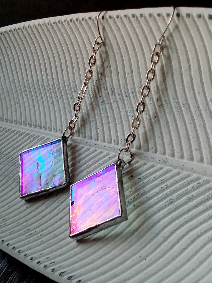 Iridescent stained glass, clear earrings, cute squar earrings, dichroic earrings, duochrome earrings
