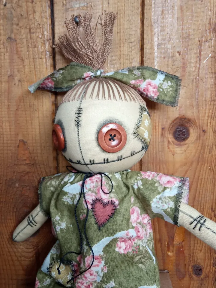 Handmade Doll With Button Eyes (Green)