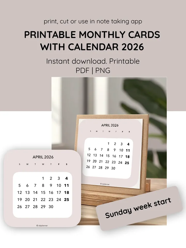 Desk Calendars: Printable Monthly Cards for Your Planner Divider! Monthly planner templates. Easy print desk calendar 2026. Calendar crafting. Sunday week start