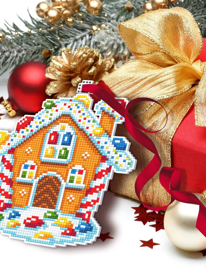 Christmas gingerbread house cross stitch pattern PDF download Double-sided Christmas tree decor for plastic canvas, Christmas ornament #N122