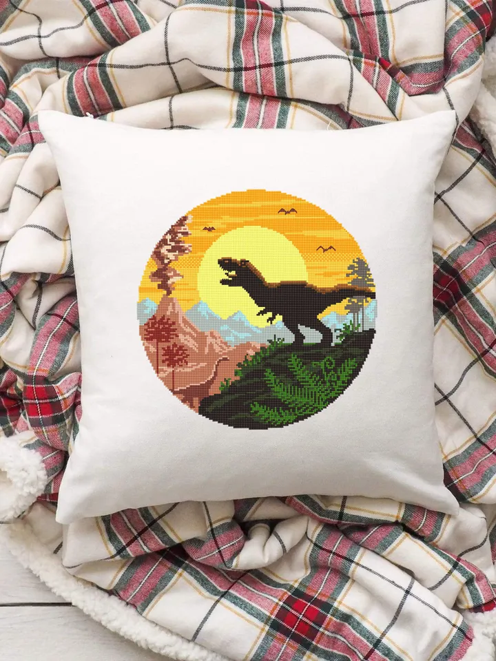 Dinosaur cross stitch pattern download PDF, Ancient animal cross stitch chart, Mountain landscape cross stitch, Nature beginner stitch #D6