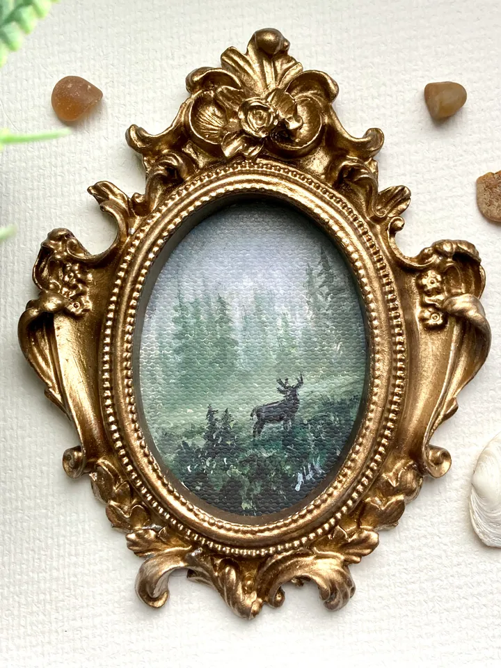 Forest Landscape Oil Painting Original In Vintage Style Frame Small Framed Oval Painting Art