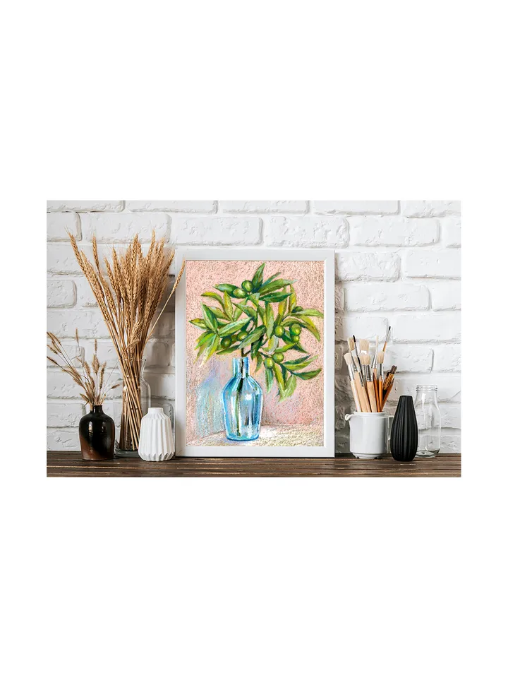 Olive Branch oil pastel drawing on kraft paper А4