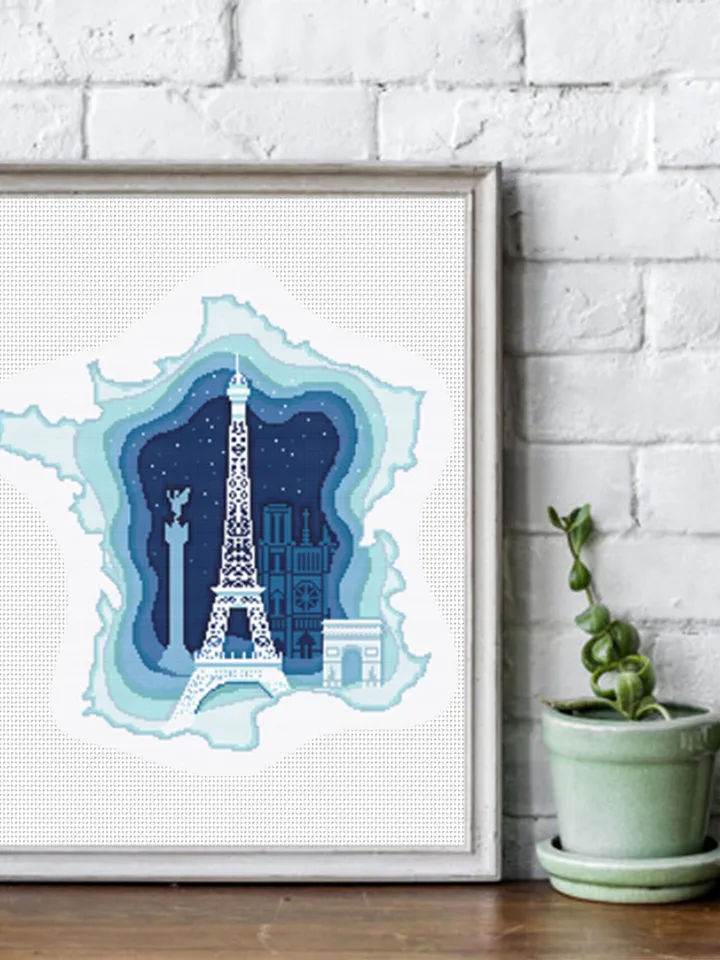 France map cross stitch pattern PDF download Eiffel Tower cross stitch chart, France pattern digital PDF, Paris decor #E15