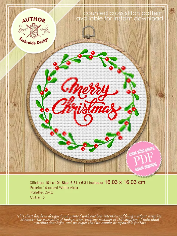 Red berry wreath cross stitch pattern PDF Merry Christmas cross stitch chart, Holiday small cross stitch, Instant download PDF #N35