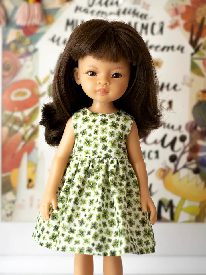 St Patrick's Day overall for dolls Paola Reina, Siblies Ruby Red, Little Darling, Minouche, 13 inch doll green clothes