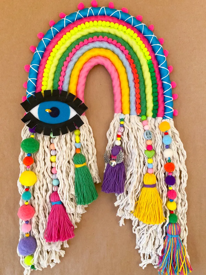 Colorful wall decor, Hippie room decoration, Macrame rainbow with evil eye, Funny gift, Boho home decor