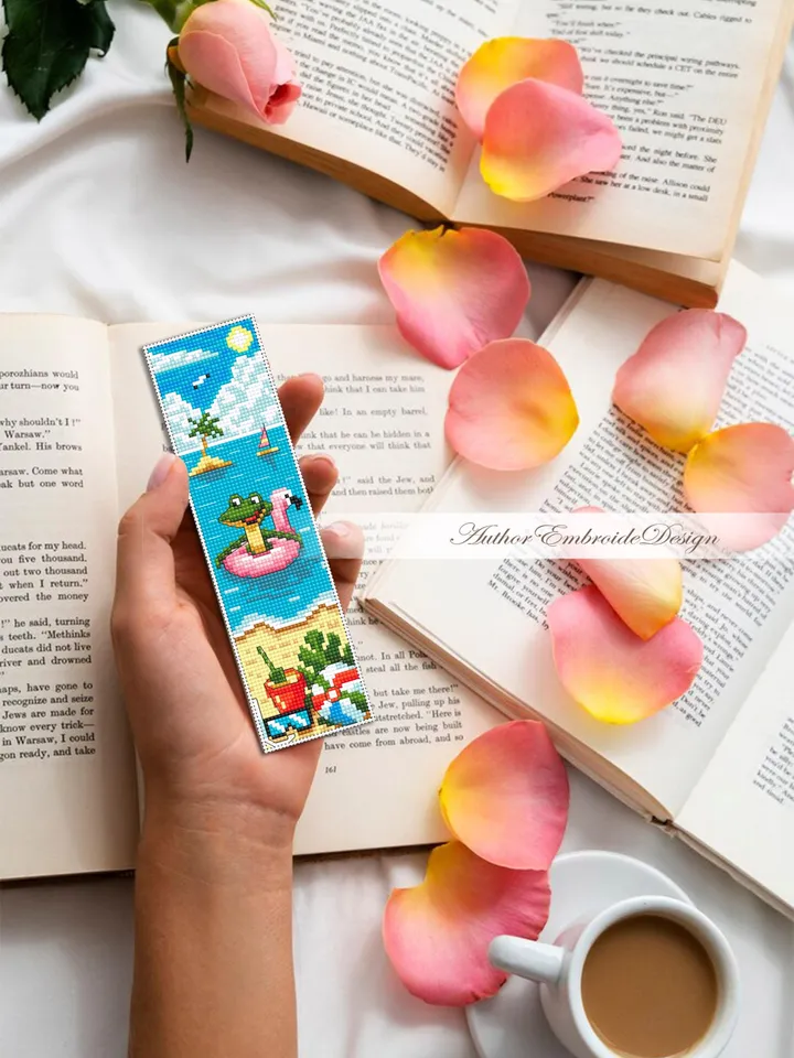 Summer bookmark cross stitch pattern PDF download Funny frog cross stitch chart, Sea bookmark pattern digital PDF, Beach vacation #B449