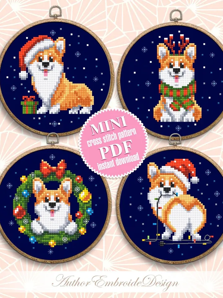Corgi Christmas cross stitch pattern PDF download Set Christmas dog cross stitch chart, Small christmas ornament digital pattern #N105