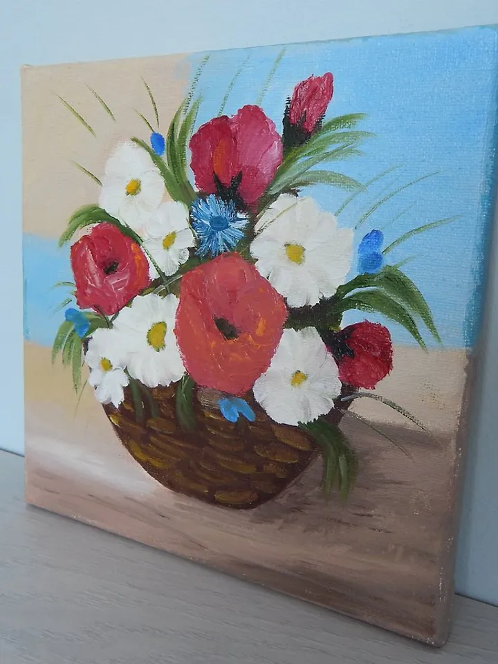 Painting with red flowers Basket daisies Original floral art Original painting