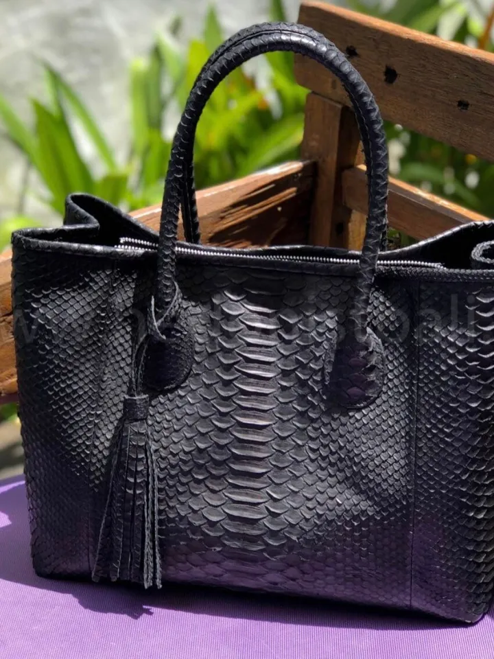 Genuine python skin big classy black bag / elegant women purse / designer leather bag / exotic leather bags