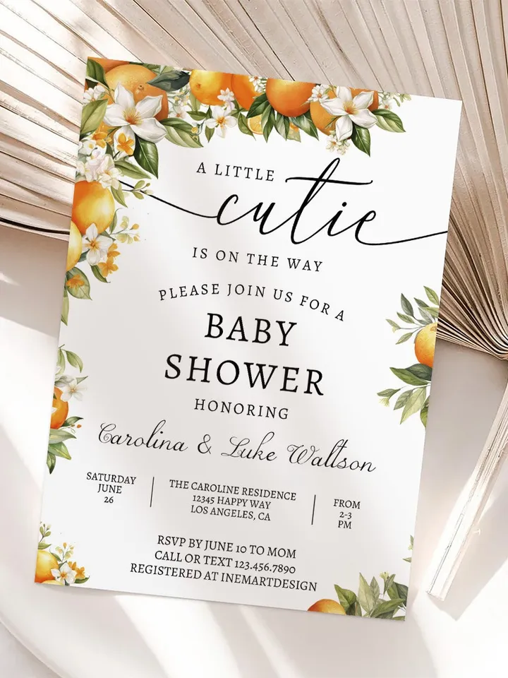 Editable A Little Cutie is on the Way Greenery Orange Gender Neutral Couples Baby Shower Invitation Invites Template Instant Download