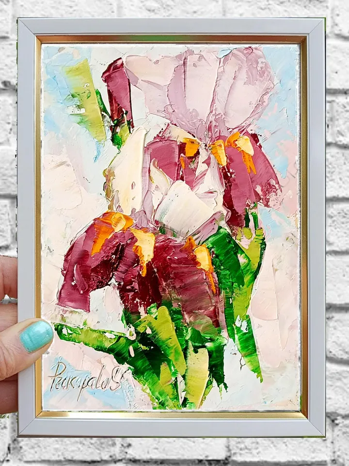 Iris original oil painting Flowers art. Original art Small painting Iris wall art Pink Iris artwork Floral wall decor Mini art 7x5 in