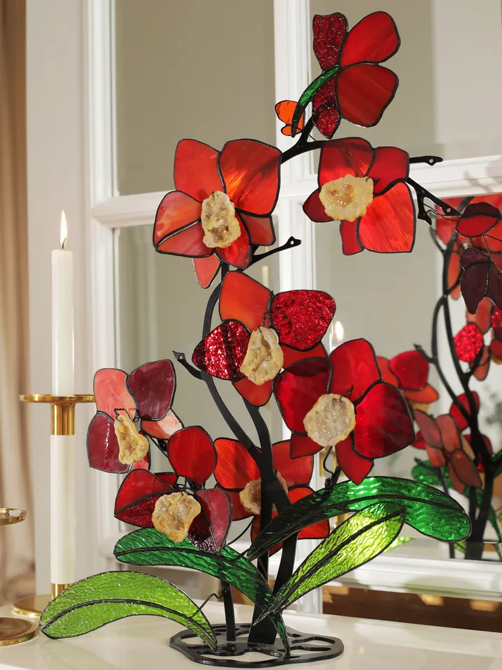 Luxurious Bouquet of Red Orchids with Agate Druzy, Tiffany Stained Glass, Stained Glass with Orchids, Stained Glass Bouquet of Flowers, Orchids in Tiffany Style, Stained Glass with Flowers