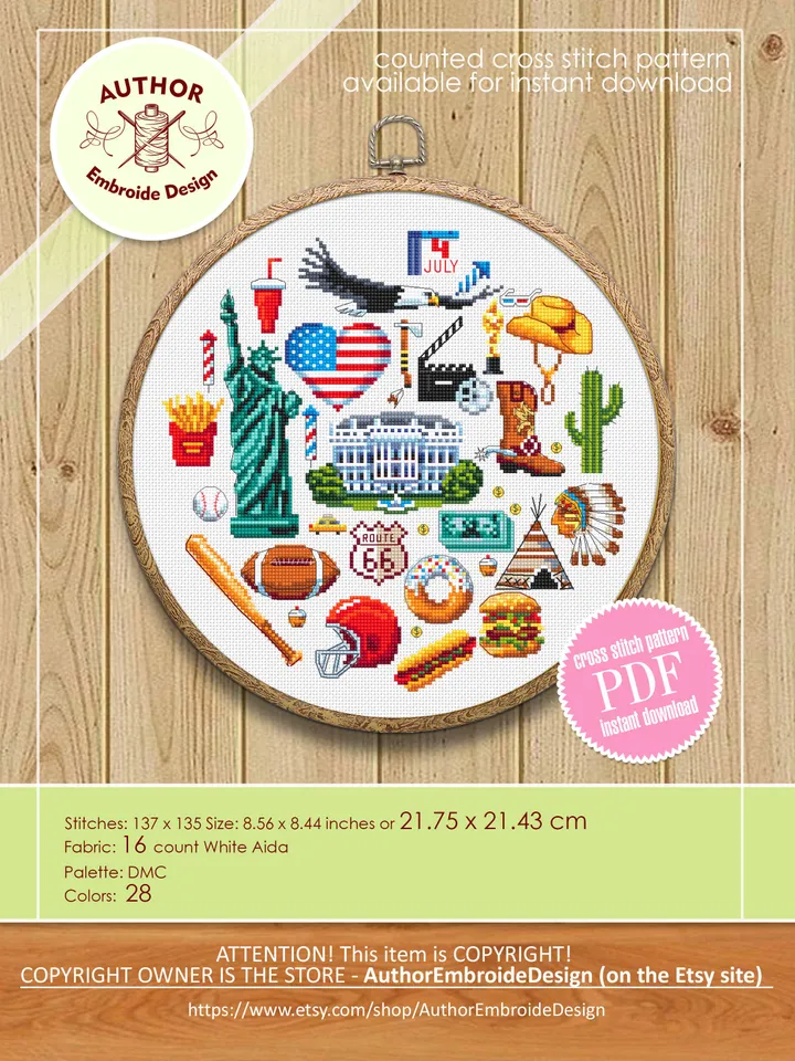 USA cross stitch pattern download PDF United States of America pattern round sampler Independence day Modern beginner stitch Home decor #E11