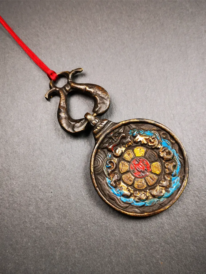 Gandhanra Vintage Tibetan Buddhist Calendar Badge,Panjaranata Mahakala Melong Mirror, SIPAHO Amulet(srid pa ho),Made of Brass,1.89&quot;