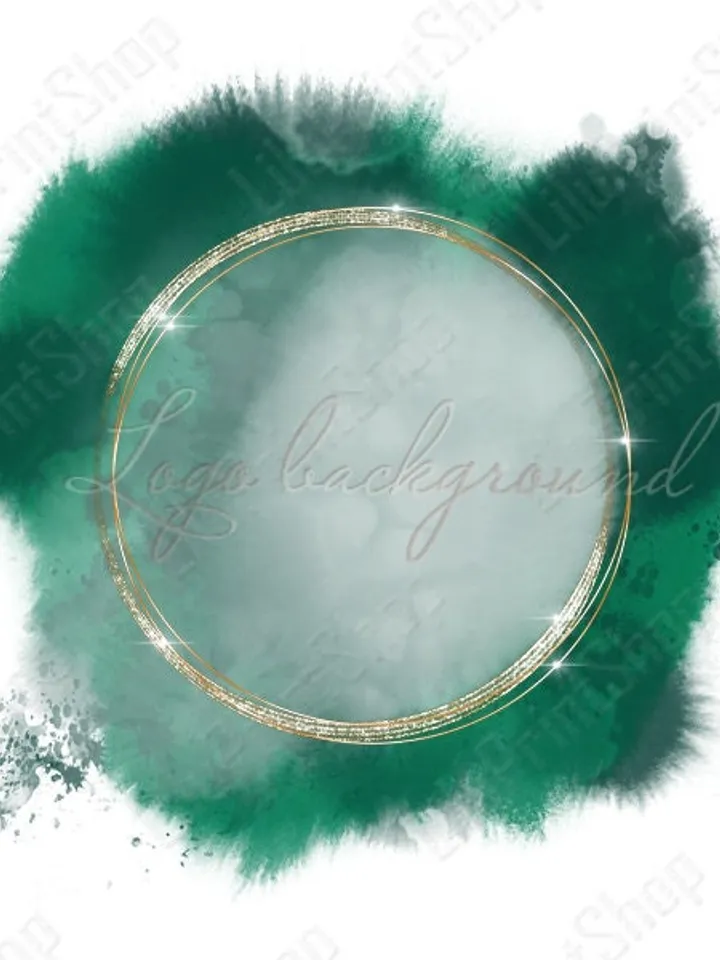 Green Watercolor logo png - Bleach splashes Emerald Green Logo Background design with gold frame - digital instant download