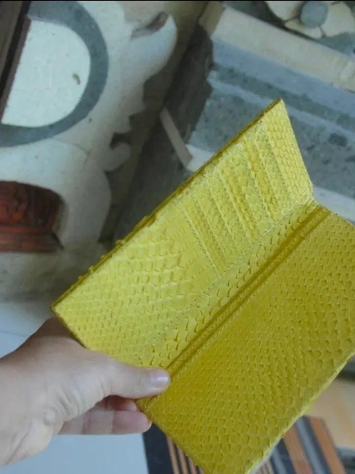 Genuine python skin flat unisex yellow wallet / small money reptile purse / exotic leather snakeprint / cardholder gift idea