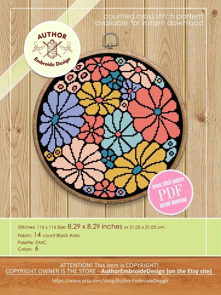 Abstract flowers cross stitch pattern PDF download Boho floral cross stitch chart, Flower pattern digital PDF, Beginner cross stitch #P46