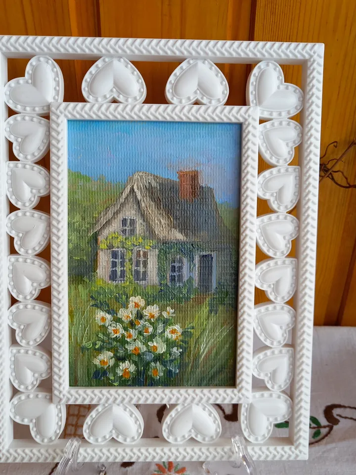 Oil original painting Summer landscape with a house 10x15 cm