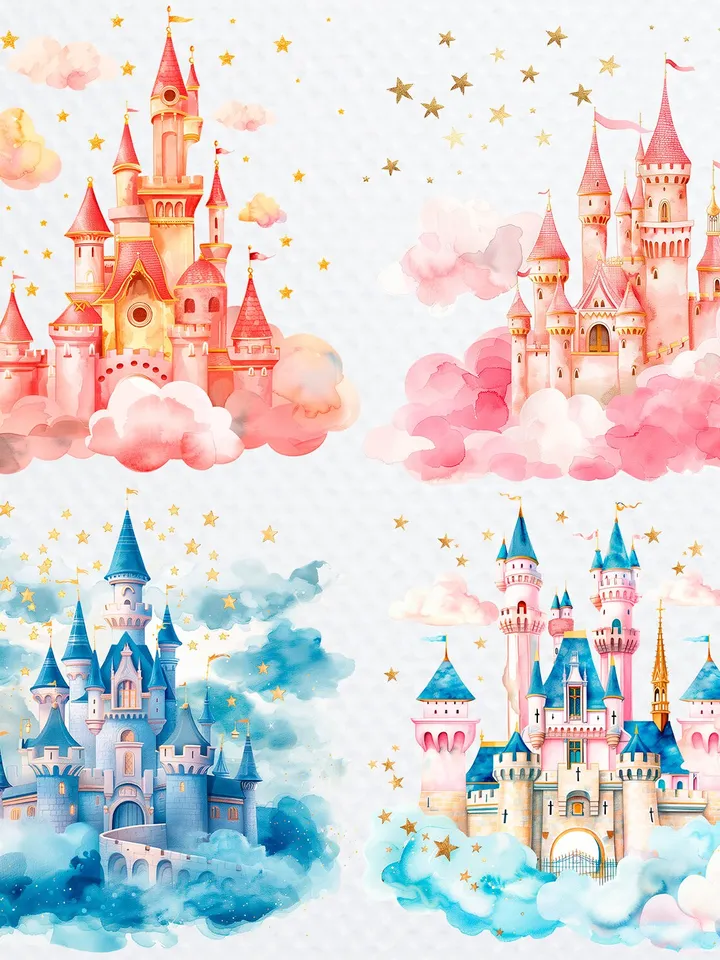 12 Princess Castle PNG Clipart, Watercolor Princess Castle In the clouds and stars for sublimation, Castle   Paper craft, Junk Journals