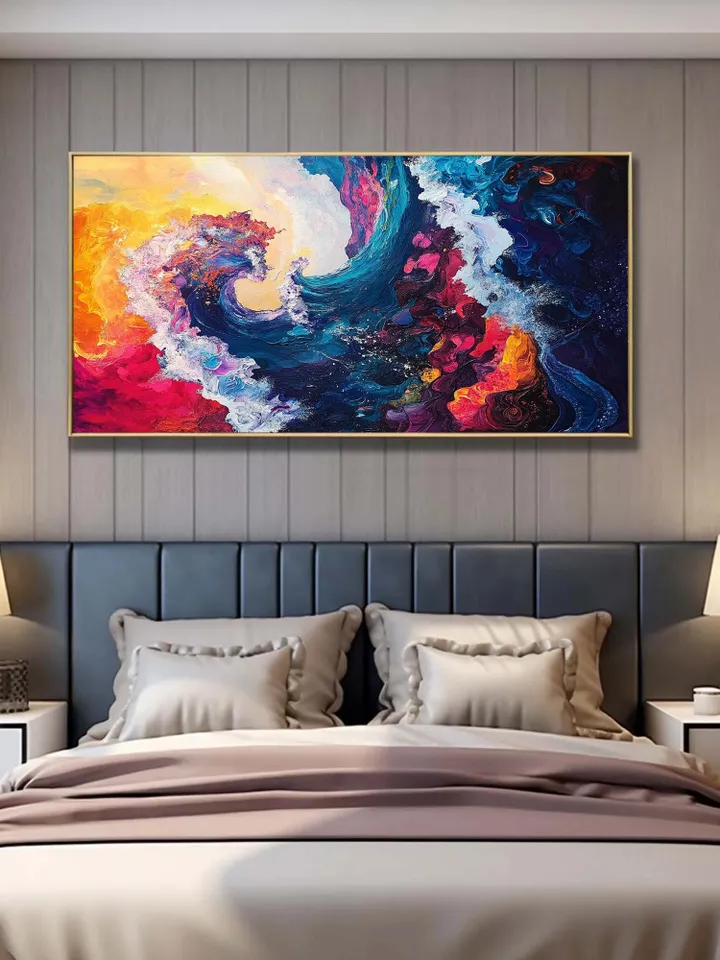 Original Hand-Painted Abstract Oil Painting on Canvas | Colorful Ocean Wave Art | Stunning Red, Blue, Yellow Decor for Living Room or Office