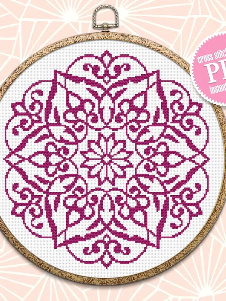 Mandala cross stitch pattern download PDF, Monochrome mandala pattern PDF, Floral ornament cross stitch chart, Easy embroidery beginner #M27