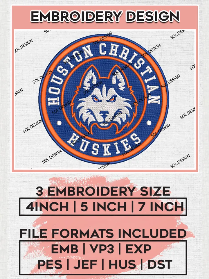 NCAA Houston Christian Huskies Round Logo Embroidery, NCAA Houston Christian Huskies Logo Embroidery files, NCAA Teams, Machine embroidery designs, Digital Download