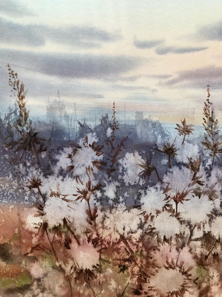 Meadow Original Watercolor Painting Field Landscape Wildflowers Art