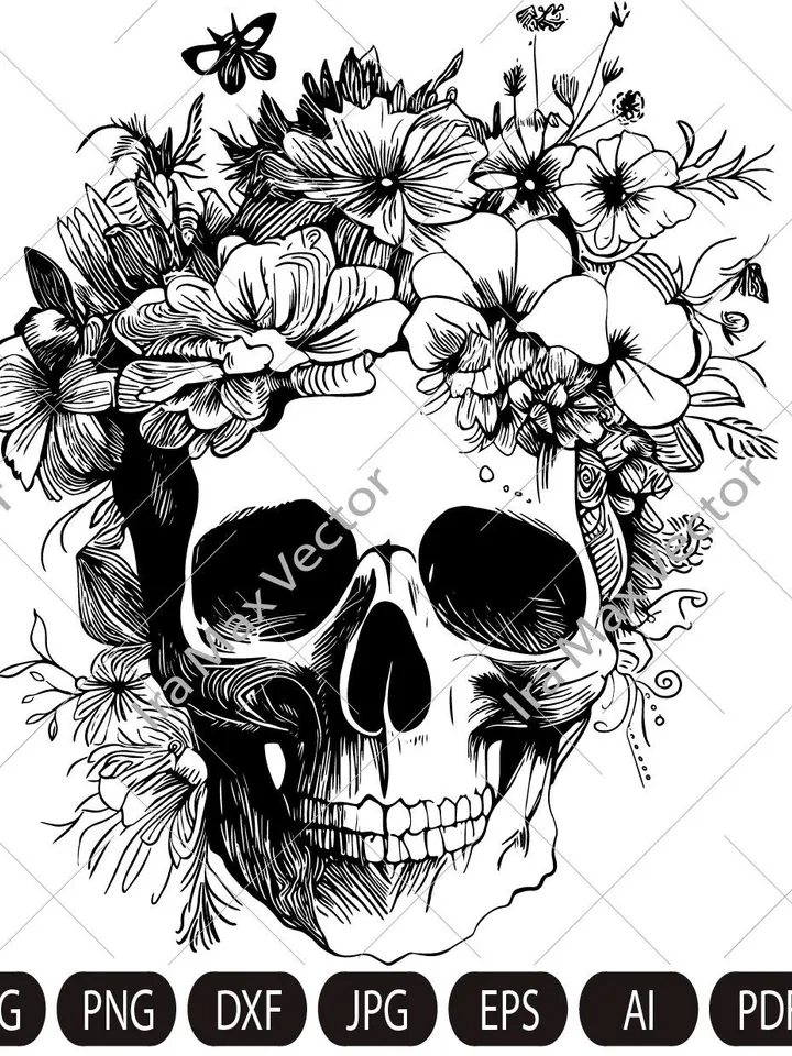 Skull svg file, Flower Skull svg, Skull cut file, Floral Skull svg file, Sugar Skull Svg file, skull flower crown, halloween, gothic, goth